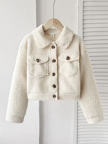 SHEIN 青少年女孩外套 秋冬街頭風 加厚泰迪絨 大貼袋 對比色鈕扣 翻領機車夾克，適合秋冬日常穿著 - 米色 - 查看 4