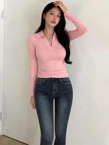 DAZY 女款素色抓皺修身百搭日常休閒長袖T恤 - 粉色 - 查看 2