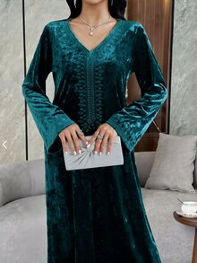 Al Najma 女款天鵝絨刺繡領阿拉伯式洋裝，秋季適用，Ninang 婚禮早晨晚宴洗禮賓客裝，珍珠飾面，端莊休閒優雅愛爾蘭風 - 綠色 - 查看 8