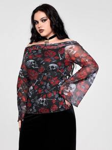 ROMWE Plus Size Women's Off-Shoulder Cold Shoulder Gothic Rose Skull Print Sexy Top - Red and Black - View 5