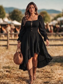 Ceyna فستان نسائي أنيق بمقاسات كبيرة برقبة مربعة وأكمام طويلة مجعدة وتصميم غير متماثل - الأسود - مشاهدة 3