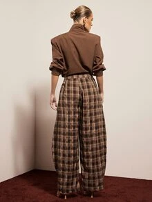 Hauture American Vintage Plaid Cross Double Button Waist Loose Mid-Waist Deconstructed Style Wide Leg Long Pants For Women Autumn/Winter - Brown - View 6