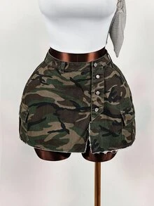 Mistrie Chân váy denim nữ thời trang đa năng họa tiết rằn ri, cài cúc, túi hộp, gấu sờn, màu xanh quân đội - xanh quân đội - Xem 3