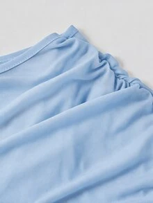 SHEIN MOD 女款純色不對稱領拼接網紗喇叭袖百褶時尚迷你洋裝 - 藍色 - 查看 6