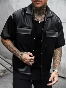 SLATEMANN 男士大尺碼黑色PU成熟休閒短袖襯衫 - 黑色 - 查看 6