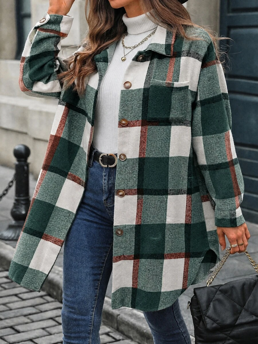 NostaNoir 女款單排扣長袖格紋長版寬鬆胸前口袋舒適時尚休閒夾克,秋冬款 - 綠色 - 查看 1