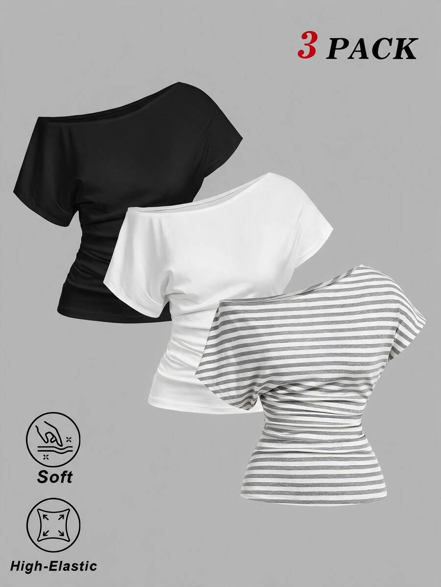 SHEIN MOD 休閒百搭抓皺不對稱單肩T恤，夏季上衣 - 淺灰色 - 查看 1