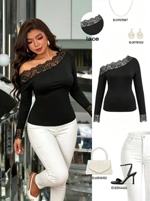Femmeverse Plus Size Women's T-Shirt, Elegant Sexy Casual Minimalist Commute Versatile Cold Shoulder Lace Patchwork Design Long Sleeve - Black - View 4