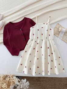 SHEIN 女童櫻桃印花洋裝 + 酒紅V領針織開襟衫 2件套 時尚套裝 - 酒紅色 - 查看 2