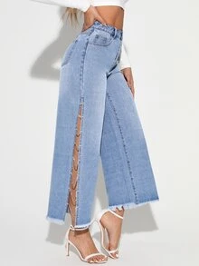 SHEIN Essnce Plus Size Women's Button Half-Front Closure Double Pocket Rhinestone Chain Decor Side Slit Denim Cropped Wide Leg Pants - Blue - View 1