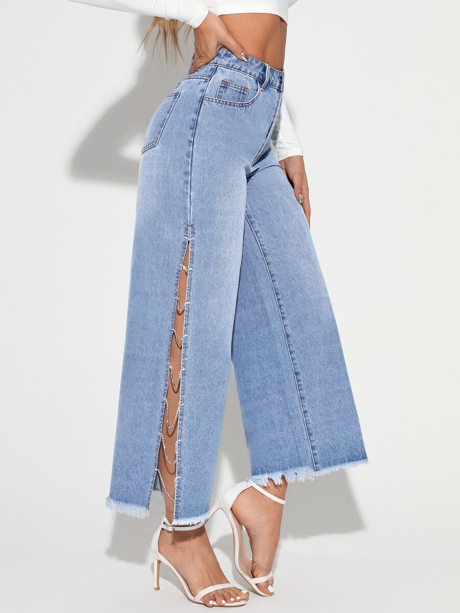SHEIN Essnce Plus Size Women's Button Half-Front Closure Double Pocket Rhinestone Chain Decor Side Slit Denim Cropped Wide Leg Pants - Blue - View 1