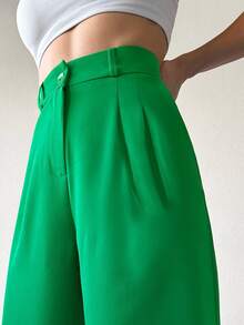 SHEIN Petite Solid Color Wide Leg Casual Long Suit Pants - Green - View 5