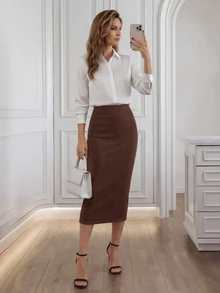 EMERY ROSE تنورة نسائية بلون موحد ضيقة كاجوال أنيقة عصرية متعددة الاستخدامات للعمل والمكتب بلون بني قهوة شتوية - بني - مشاهدة 3