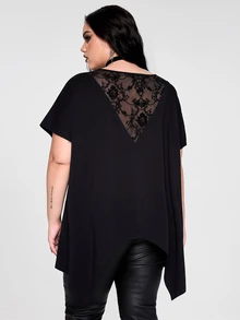 ROMWE Y2K Punk Gothic Plus Size Women Black Asymmetrical Hem Back Lace Patchwork Sexy Sheer Fabric - Black - View 2
