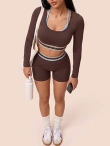 SHEIN BAE Women's Contrast Trim Long Sleeve Cropped Top & Shorts Fashion Sports Set - Coffee Brown - View 4