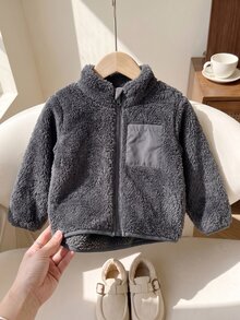 Souflis Souflis 1件幼童男嬰深灰色可愛毛絨抓絨外套，毛茸茸加厚，口袋拉鍊長袖小立領，戶外冬季秋季聖誕假期純色 - 灰色 - 查看 7