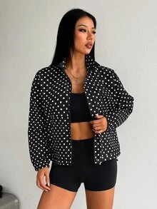 SHEIN Dewbera Women's Polka Dot Pattern Long Sleeve Pocket Casual Sports Jacket - Black - View 3
