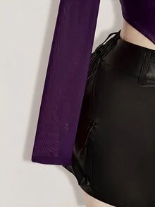 SHEIN ICON Women's Plus Size Autumn/Winter Leather & Mesh Patchwork Black Slim Fit T-Shirt - Purple - View 8