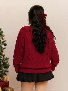 CovetEZ 秋冬聖誕紅色扭結鉤針編織休閒百搭大尺碼毛衣 - 紅色 - 查看 2