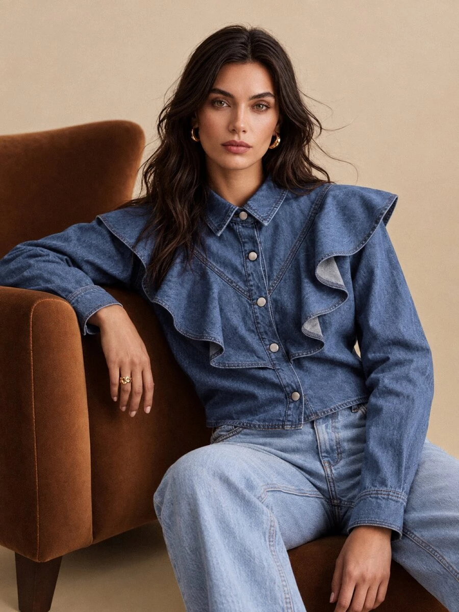 CielaLinda Women's Ruffle Denim Blouse, Denim Shirt Top, Feminine Ruffle Trim Top - Blue - View 1