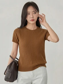 Dazy-Less Atasan Rajut Kasual Wanita Motif Jacquard Bergaris Lengan Pendek Kancing Kerah Lipat Warna Cokelat Kopi Musim Gugur/Dingin - Coffee Brown - View 3