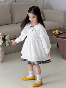 DAZY Tween Girl) Plaid Decor Patchwork Bowknot Long Sleeve Puff Sleeve Cute Sweet Dress - White - View 3