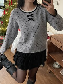 DAZY 女款秋冬拼色波點寬鬆毛衣 - 灰色 - 查看 5