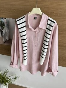 DAZY Tween Girl Solid Color Collared Casual Loose Fit Shirt - Pink - View 2