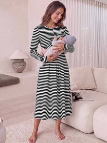 Slowluna 女款條紋拼接百褶哺乳休閒日常洋裝內衣套裝內褲睡衣睡裙家居服睡袍長袖 - 黑與白 - 查看 6