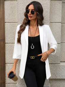 SHEIN LUNE Women's Solid Color Lapel 3/4 Sleeve Minimalist Versatile Commuter Jacket - White - View 6