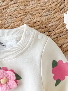 SHEIN 新生兒嬰兒春秋款甜美3D花朵衛衣與羅紋長褲套裝，優雅舒適極簡休閒戶外活動穿搭 - 彩色 - 查看 6
