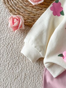 SHEIN 新生兒嬰兒春秋款甜美3D花朵衛衣與羅紋長褲套裝，優雅舒適極簡休閒戶外活動穿搭 - 彩色 - 查看 9