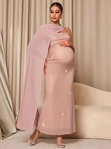 MaterniChic Bộ 2 món bầu thanh lịch gồm áo trễ vai một bên bèo nhún màu trơn và váy đính đá - Hồng - Xem 6