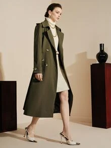 Arave 女款編織素色正肩長袖收腰半開襟下擺開衩戶外休閒日常通勤職場春秋冬季風衣外套 - 軍綠色 - 查看 2