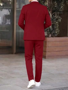 SHEIN 2pcs/Set Kids Tween Boy Summer Casual Academy Cute Gentleman Outfit Solid Color Blazer & Elastic Waist Formal Pants Set Suitable For Birthday Party, Evening Event, Performance, Wedding - Red - View 2