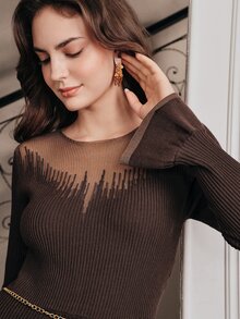 Anewsta Gaun Sweater Lengan Panjang Bodycon Pas Badan dari Bahan Rajut Organza Cokelat untuk Wanita - Coffee Brown - View 2