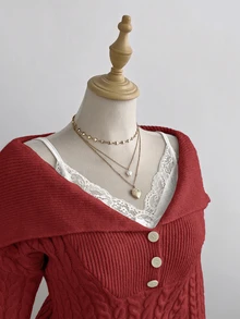 Elamini Women's White Casual Versatile Commute Daily Wear Classic Cable Knit Half-Button Pullover Sweater, Autumn/Winter - Red - View 5