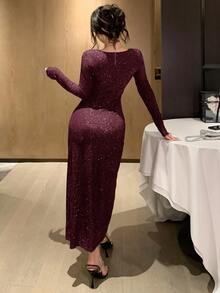 DAZY Women's V-Neck Long Sleeve Shiny Pleated Elegant Midi Dress - Red - View 4