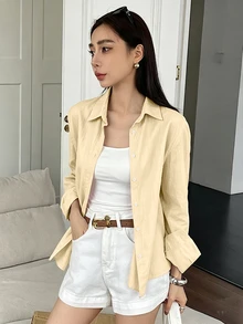 DAZY 女款素色休閒日常長袖襯衫 - 黃色 - 查看 4
