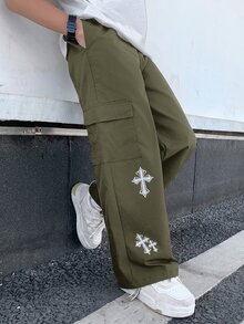 SHEIN Little Byeori 兒童青少年男孩休閒日常舒適工裝直筒寬鬆長褲，軍綠色工裝褲，新年，6-7歲適用，適合外出、約會、上學，春夏秋冬四季皆宜 - 軍綠色 - 查看 4