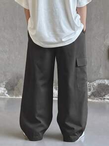 SHEIN Little Byeori 兒童青少年男孩休閒日常舒適工裝直筒寬鬆長褲，灰色工裝褲，新年，六七歲，適合外出、約會、上學，春夏秋冬四季皆宜 - 灰色 - 查看 2