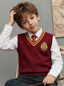 PrepCrw HARRY POTTER X SHEIN 兒童青少年男孩V領撞色學院風刺繡針織背心，秋冬萬聖節針織上衣，2026秋冬款 - 酒紅色 - 查看 2