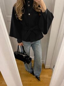 Aloruh Minimalist Commuter Brown Small Stand Collar Cape Trench Coat, Cinched Waist, Long Sleeve, Short Length Women's Jacket - Black - View 4