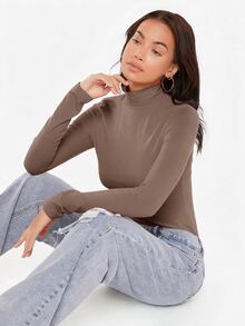 SHEIN BASICS 女款高領長袖羅紋針織修身T恤上衣 黑色 - 駝色 - 查看 5