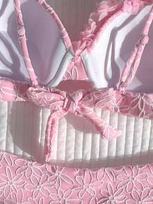 SHEIN Swim Vcay 女款 3D 花卉裝飾比基尼兩件式泳衣，附胸墊與鋼圈支撐 - 粉色 - 查看 6