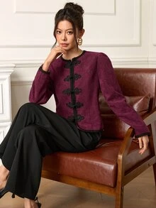 EastFlair Women's Elegant Chinese Style Regular Long Sleeve Jacket With Frog Button Placket - Burgundy - View 6