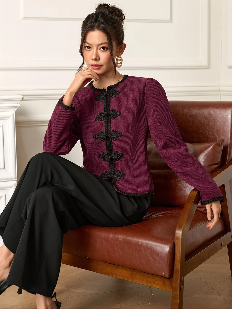 EastFlair Women's Elegant Vintage Chinese Style Regular Long Sleeve Jacket With Frog Button Placket Black Social Wear Chic Dinner Anniversary Fall - Burgundy - View 1