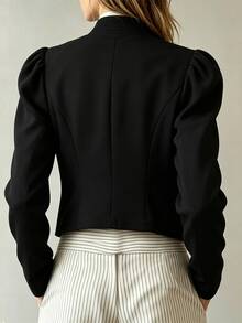 LUMIGAL Women's New Napoleon Jacket Short Gold Double-Breasted Top Outerwear, Spring/Autumn Stand Collar Gold Trim Puff Sleeve Versatile Jacket - Black - View 2