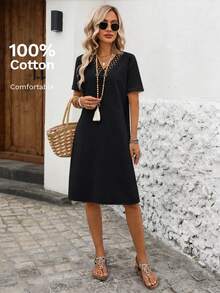 EMERY ROSE Women's Vacation Casual Plain V-Neck Hollow Patchwork Mid-Length Short Sleeve Dress Brunch Black - Black - View 8