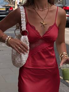 Opulessa Spring/Summer Vacation Solid Color Woven Contrast Lace Camisole Tank Top For Women - Burgundy - View 3